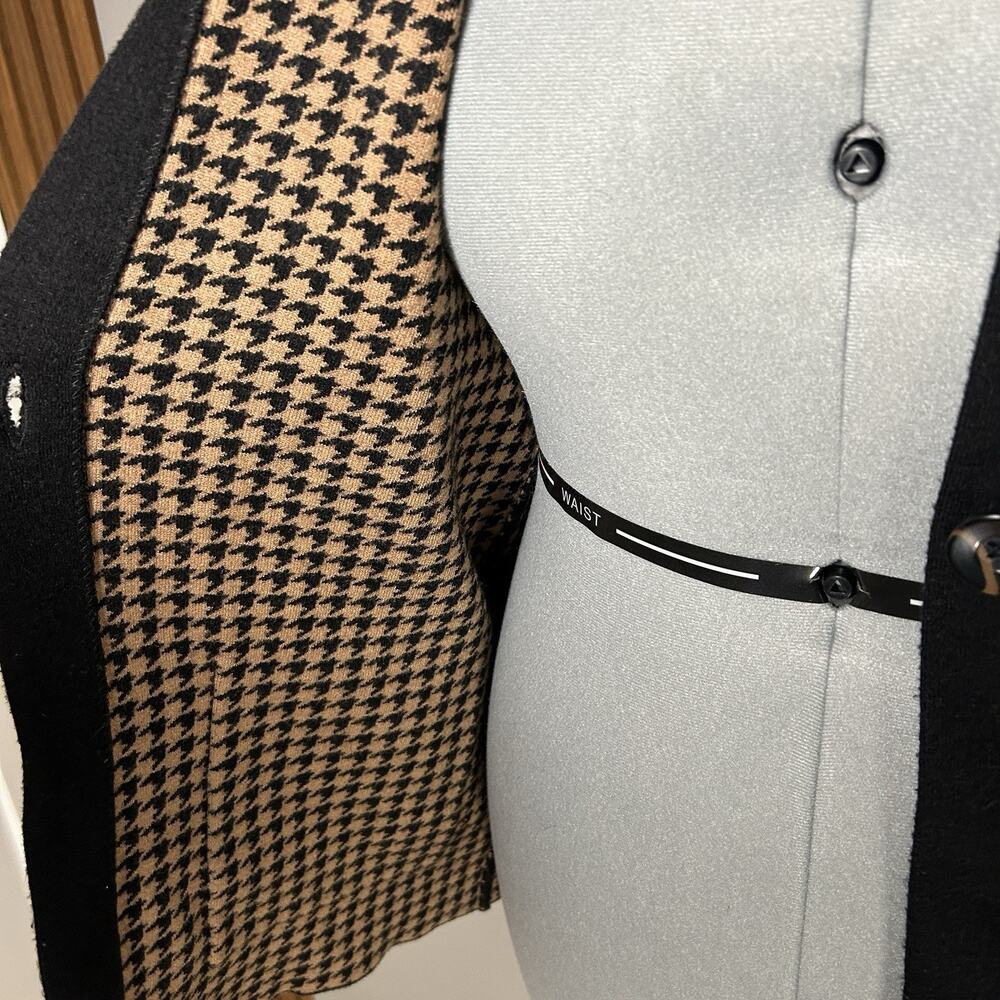 Halston Black Minimalist Blazer Cardigan M Houndstooth Lined Open Fron